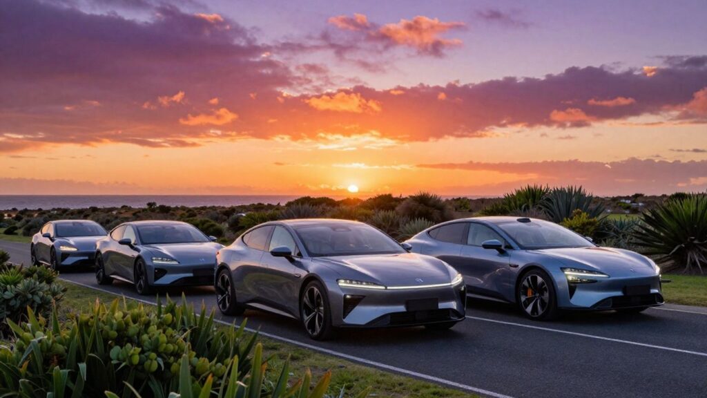 Electric cars on Australian road at sunset.
