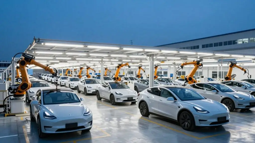 Tesla Gigafactory with electric cars and robotic arms.