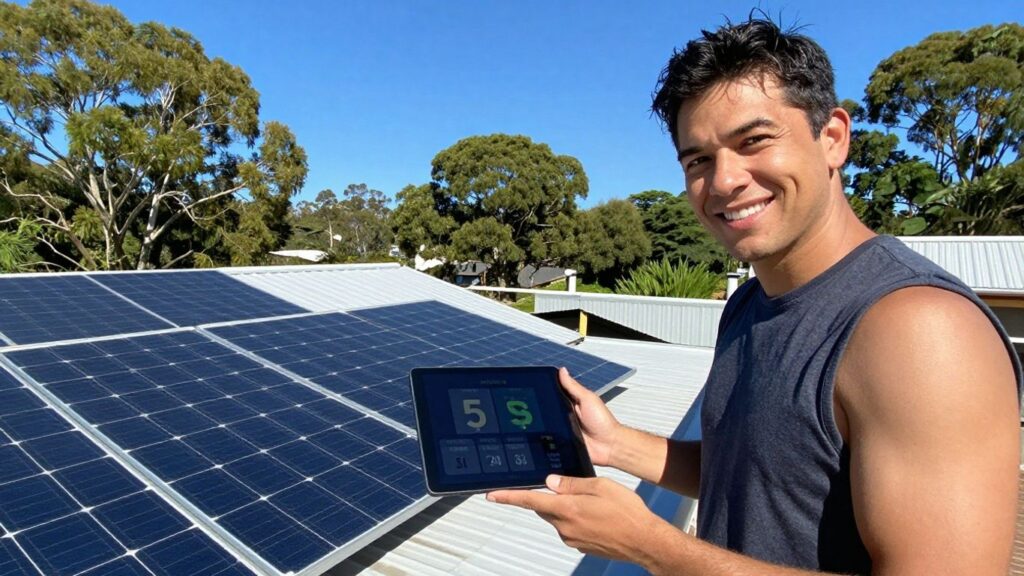 Solar panels on Australian rooftop with happy homeowner