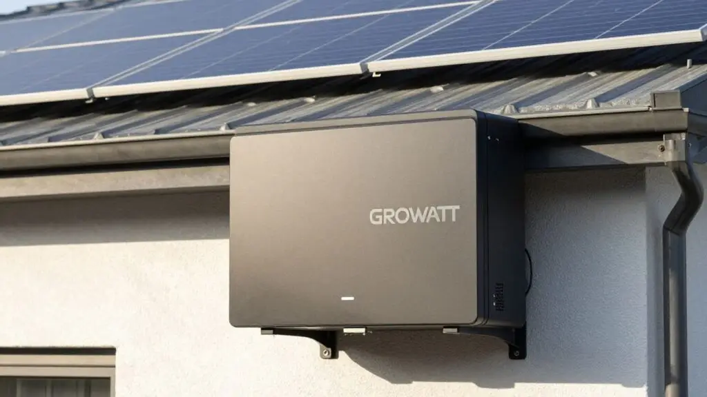 Growatt battery unit on a home wall with solar panels.