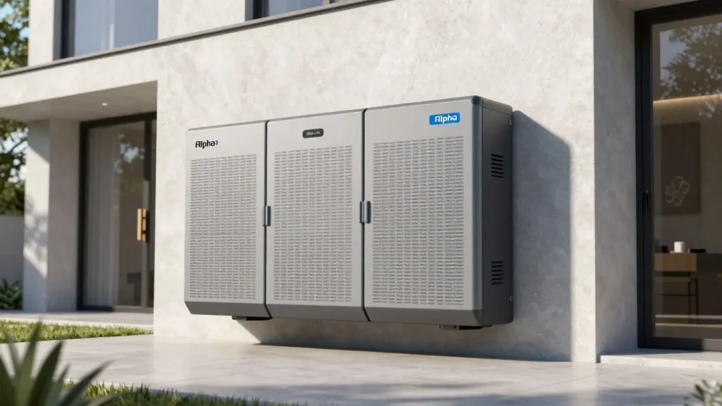 Alpha ESS battery unit on a modern home exterior.