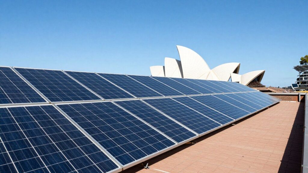 Solar panels on an Australian house with blue sky.