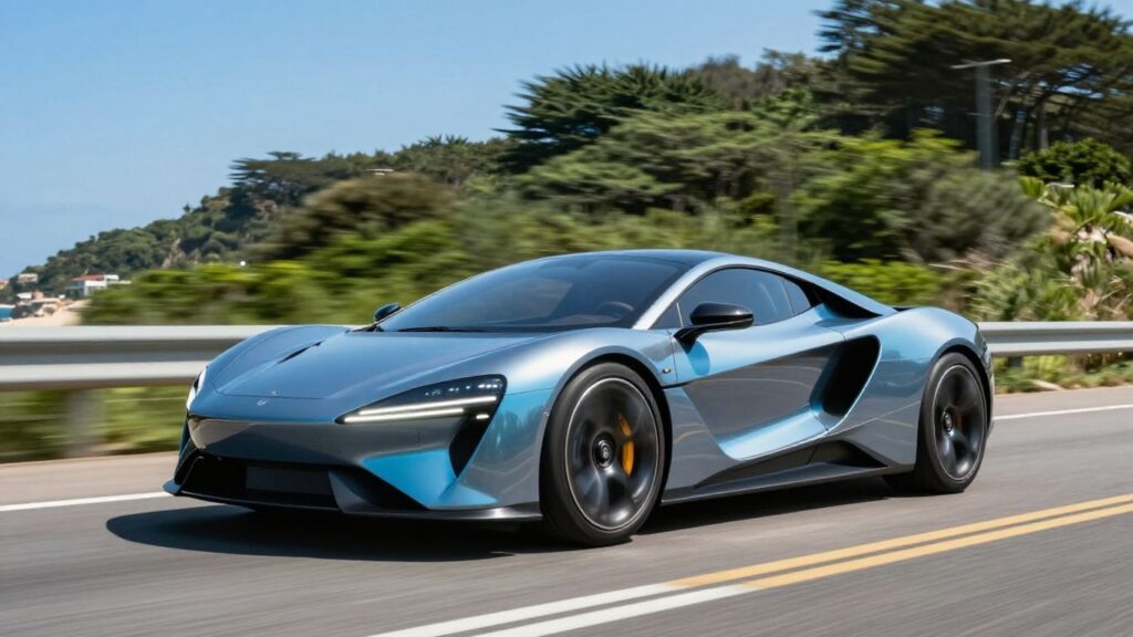 Futuristic electric car on a sunny coastal road.